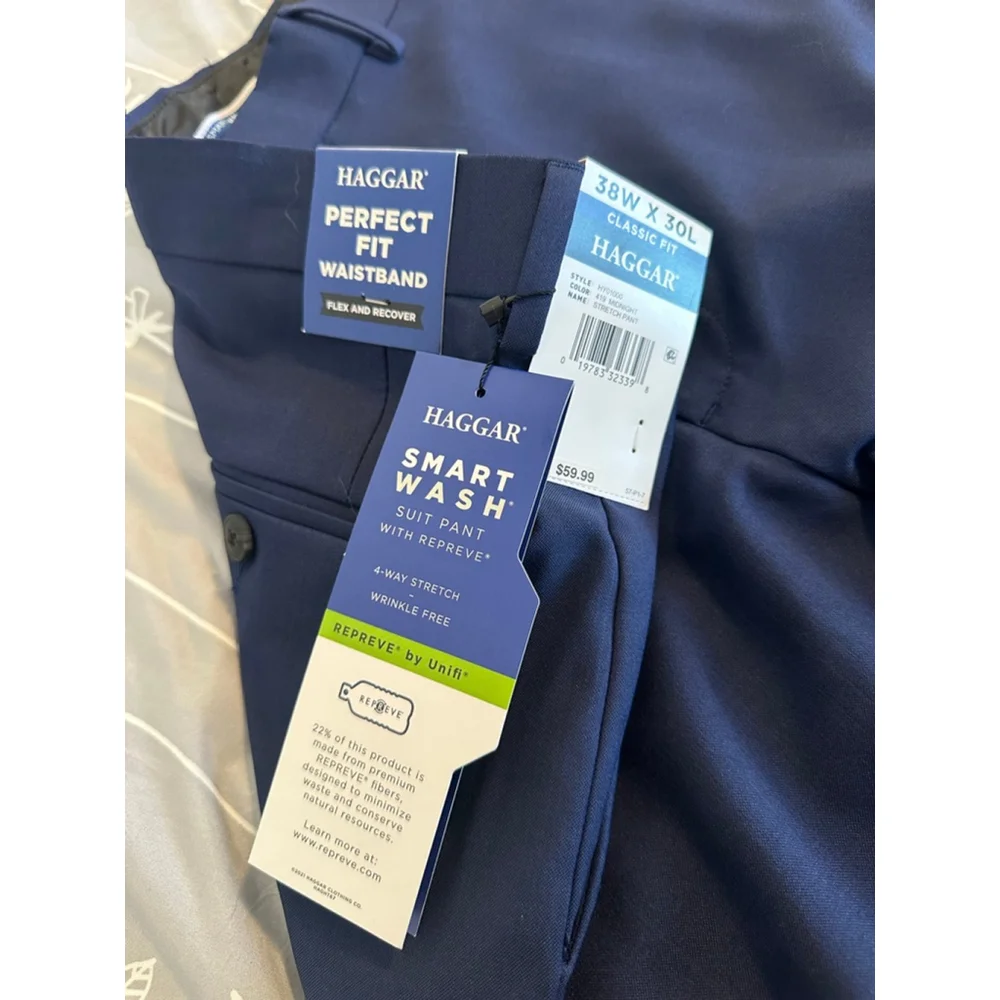 New Men's Haggar Navy Smart Wash Repreve Classic Fit Dress Pants 38x30